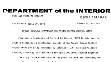 Public Hearings Announced for Animal Damage Control Study April 20, 1978