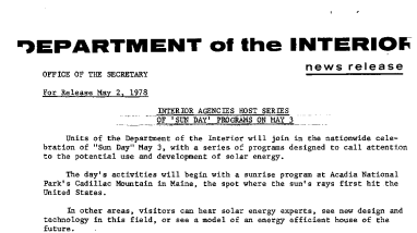 Interior Agencies Host Series of 'Sun Day' Programs on May 3 May 2, 1978
