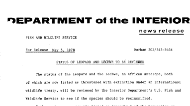 Status of Leopard and Lechwe to Be Reviewed-- May 5, 1978