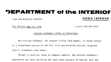 African Elephant Listed as Threatened May 10, 1978
