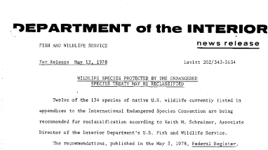 Wildlife Species Protected by the Endangered Species Treaty May Be Reclassified May 12, 1978