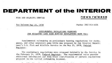 Supplemental Regulations Proposed for Migratory Game Bird Hunting Regulations Next Fall May 25, 1978