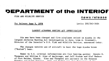 Largest Airborne Hunting Act Investigation June 5, 1978