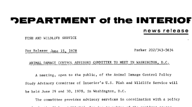 Animal Damage Control Advisory Committee to Meet in Washington, D.C. June 15, 1978