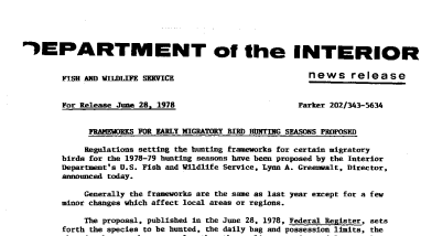 Frameworks for Early Migratory Bird Hunting Seasons Proposed June 28, 1978