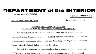 Conservation Program Recommended to Resolve Furbish Lousewort/dickey-Lincoln Conflict June 28, 1978