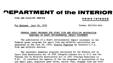 Federal Grant Programs for Sport Fish and Wildlife Restoration Examined in Draft Environmental Impact Statement June 30, 1978
