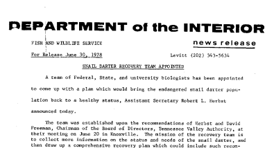Snail Darter Recovery Team Appointed June 30, 1978