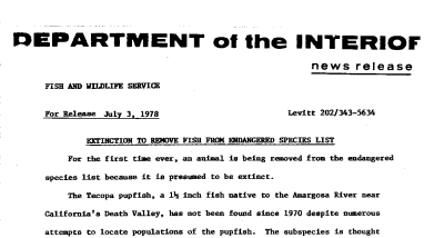 Extinction to Remove Fish From Endancered Species List July 3, 1978