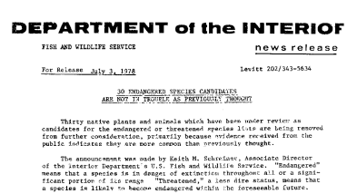 30 Endangered Species Candidates Are Not in Trouble as Previously Thought July 3, 1978