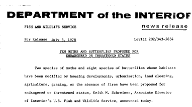 Ten Moths and Butterflies Proposed for Endangered or Threatened Status July 3, 1978