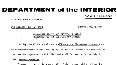 Endangered Status and Critical Habitat Proposed for the Illinois Mud Turtle July 7, 1978