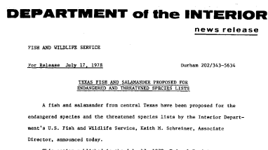 Texas Fish and Salamander Proposed for Endangered and Threatened Species Lists July 17, 1978