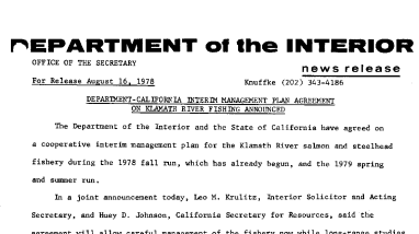 Department-California Interim Management Plan Agreement on Klamath River Fishing Announced August 16, 1978