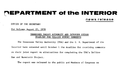 Tennessee Valley Authority and Interior Extend Deadline for Tellico Report Comments August 25, 1978