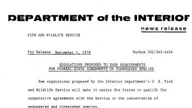 Refulations Proposed to Ease Reqyirements for Federal-State Agreements on Endangered Species September 1, 1978