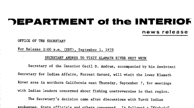 Secretary Andrus to Visit Klamatr River Next Week September 1, 1978