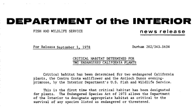 Critical Habitat Determined for Two Endangered California Plants September 1, 1978