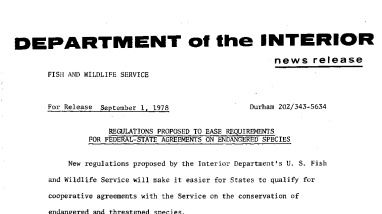 Regulations Proposed to Ease Requirements for Federal-State Agreements on Endangered Species September 1, 1978