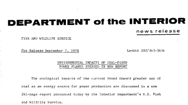 Environmental Impacts of Coal-Fired Power Plant Studied in New Report September 7, 1978