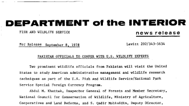 Pakistan Officials to Confer With U.S. Wildlife Experts September 8, 1978