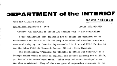 Planning for Wildlife in Cities and Suburbs Told in New Publication September 8, 1978