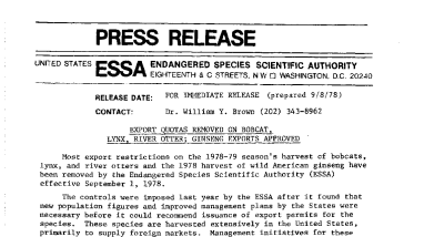 Export Quotas Removed on Babcat, Lynx, River Otter; Ginseng Exports Approved September 8, 1978