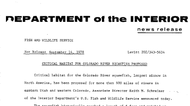 Critical Habitat for Colorado River Squawfish Proposed September 14, 1978