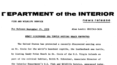 Newly Discovered Sea Turtle Nesting Beach Protected September 25, 1978