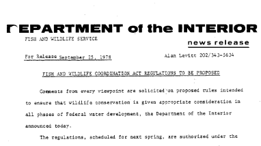 Fish and Wildlife Coordination Act Regulations to Be Proposed September 25, 1978