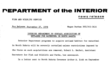 Interior Department to Curtail Acquisition of Wetlands for Waterfowl in North Dakota September 27, 1978