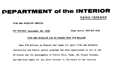 Fish and Wildlife Aid to States Tops $70 Million September 28, 1978