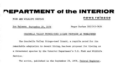 Coachella Valley Fringe-Toed Lizard Proposed as Threatened September 29, 1978