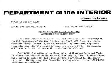 Ceremonies Friday Will Seal Us-Ussr Agreement on Migratory Birds October 12, 1978
