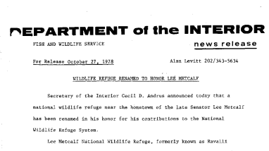 Wildlife Refuge Renamed to Honor Lee Metcalf October 27, 1978