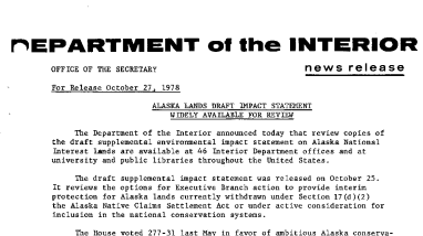 Alaska Lards Draft Impact Statement Widely Available for Review October 27, 1978