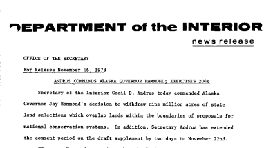 Andrus Commends Alaska Governor Hammond; Exercises 204e November 16, 1978
