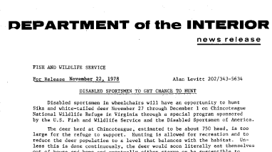 Disabled Sportsmen to Get Chance to Hunt November 22, 1978