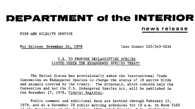 U.S. to Propose Reclassifying Species Listed Under the Endangered Species Treaty November 24, 1978