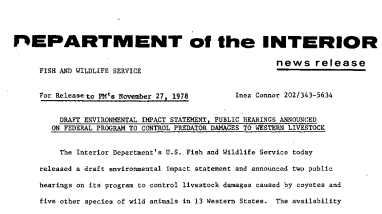 Draft Environmental Impact Statement, Public Hearings Announced on Federal Program to Control Predator Damages to Western Livestock November 27, 1978