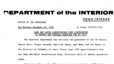 Landand Water Conservation Fund Distributed to States and Federal Agencies for Fy 1979 November 30, 1978