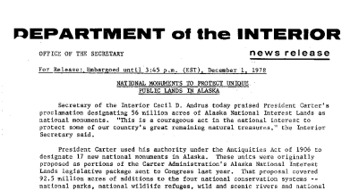 National Monuments to Protect Unique Public Lands in Alaska December 1, 1978