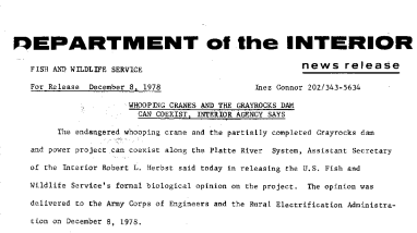 Whooping Cranes and the Grayrocks Dam Can Coexist, Interior Agency Says December 8, 1978