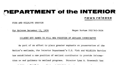 Gilbert Key Named to Fill New Position of Wetland Coordinator December 13, 1978