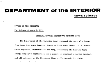 Interior Opposes Portsmouth Refinery Site January 2, 1979