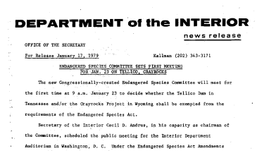 Endangered Species Committee Sets First Meeting for Jan. 23 on Tellico, Grayrocks January 17, 1979