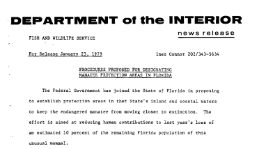 Procedures Proposed for Designating Manatee Protection Areas in Florida January 23, 1979