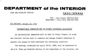 International Symposium Set on Fishery Resources Allocation January 29, 1979