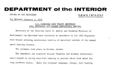 U.S.-CANADIAN Bird Treaty Amendment Will Recognize Off-Season Subsistence Hunting February 2, 1979