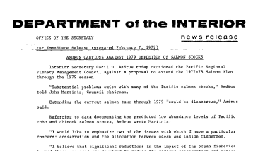 Andrus Cautions Against 1979 Depletion of Salmon Stocks February 7, 1979